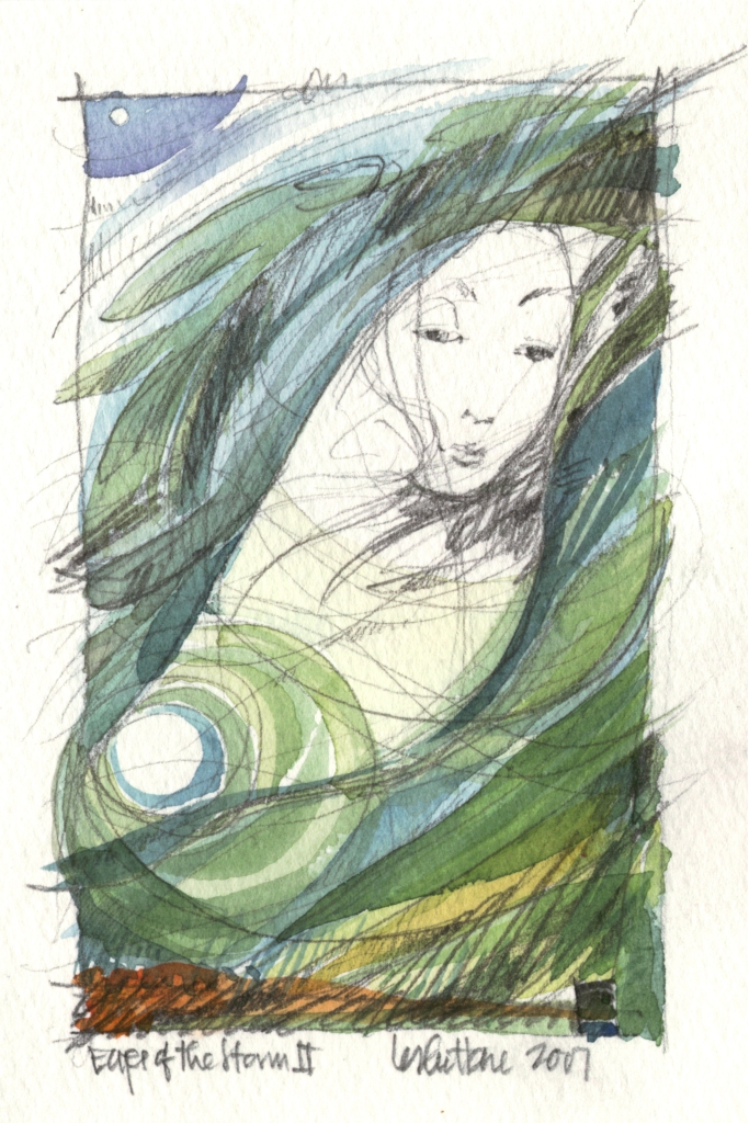 Image of a watercolor and pencil drawing. A woman's face gazes slightly downward, surrounded by green atmospheric swirls. Titled "Eyes of the Storm 2." Artwork by Leslee Hare. Dated 2001.